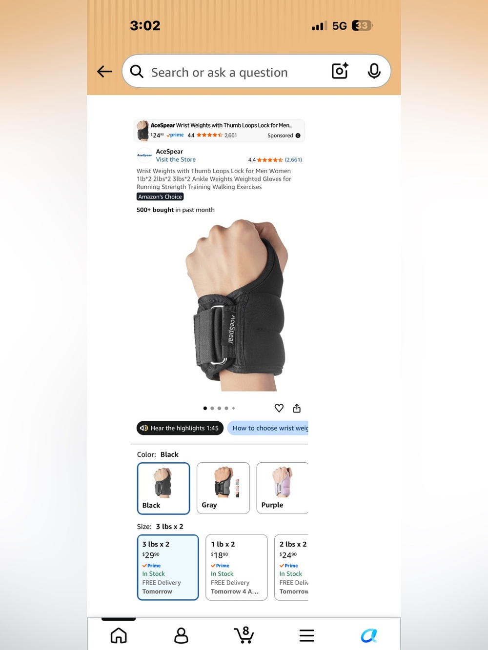 Black Wrist Weights with Secure Thumb Loop. 3 lbs each.